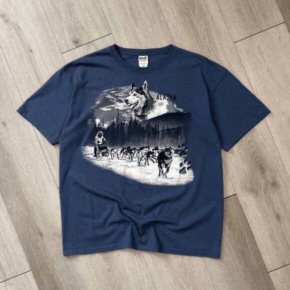 Vintage Alaska USA Husky Dog Sled Men's Blue Anvil T-Shirt - Size XL - Picture 1 of 4
